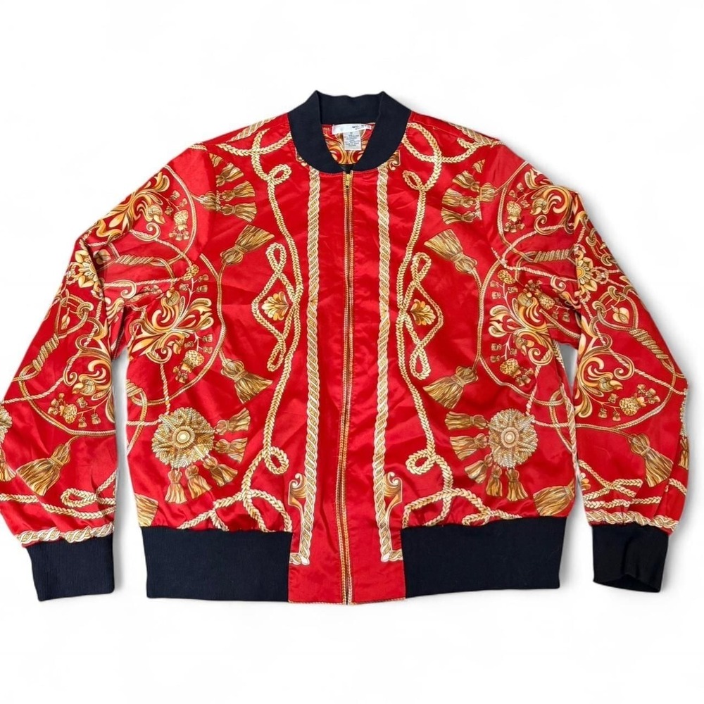 Vintage WD·NY Red & Gold Baroque Chain Print Bomber‎ Jacket, Size XL (1X)